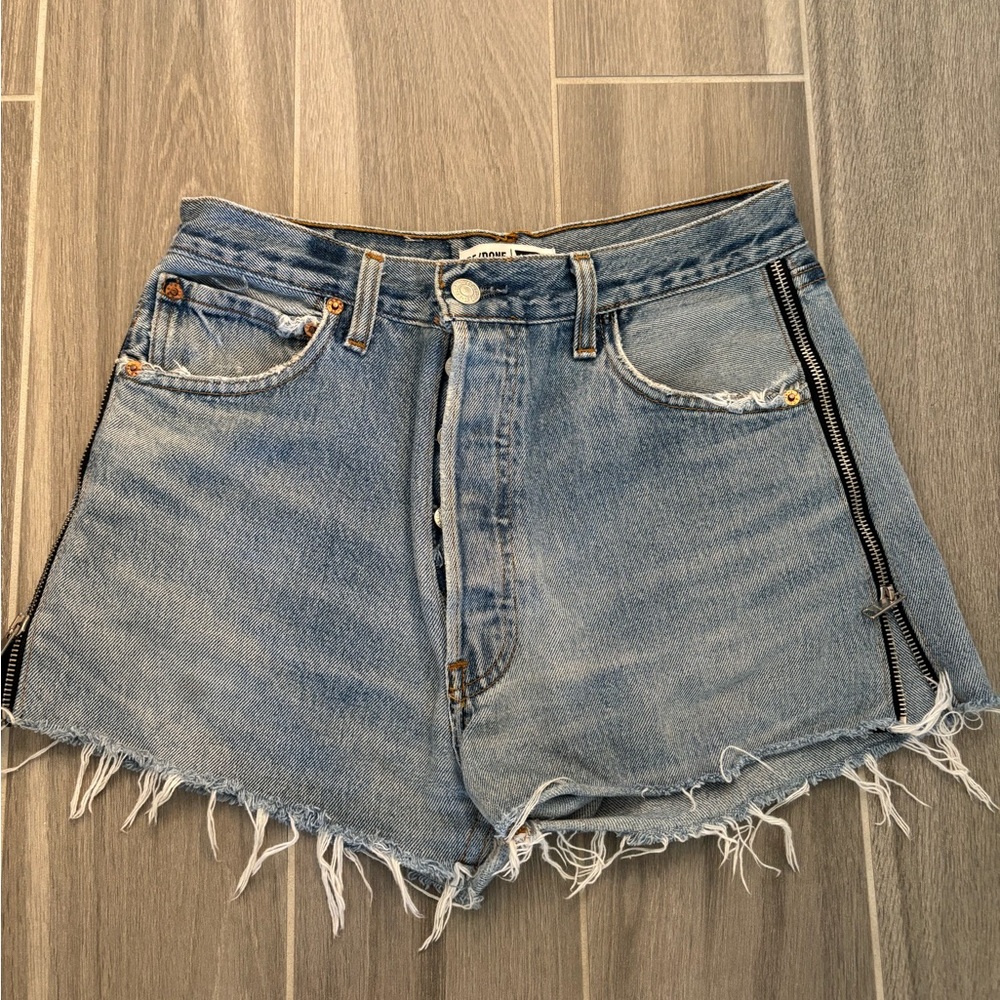 Re/Done Blue Jean Shorts High-Waisted Frayed Hem